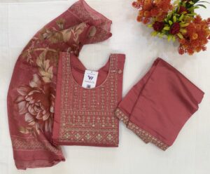Muslin Silk Material Rose Pink  Color 3  Piece Kurti Set