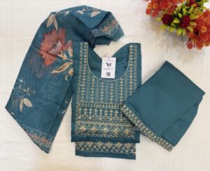 Muslin Silk Material Blue Color 3  Piece Kurti Set
