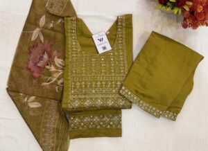 Muslin Silk Material Mustard Yellow Color 3  Piece Kurti Set