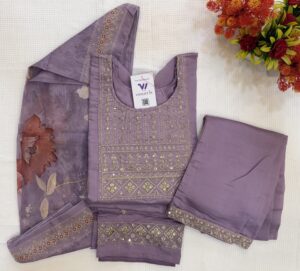 Muslin Silk Material Violet Color 3  Piece Kurti Set
