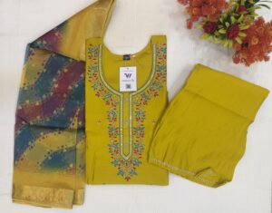 Heavy Roman Silk Golden Yellow Color 3  Piece Kurti Set