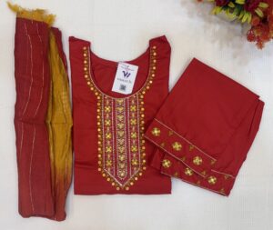 Heavy Handwork Design Red Color 3  Piece Kurti Set