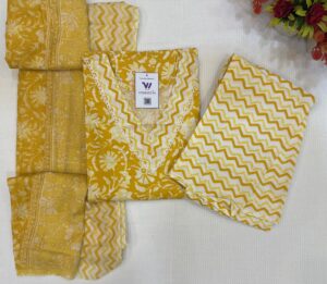 Designer V Neck Yellow Pure Cotton 3 Piece Kurti Set