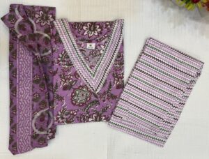 Designer V Neck Floral  Unicorn pink Pure Cotton 3 Piece Kurti Set