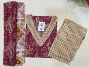 Designer V Neck Floral  Pink Pure Cotton 3 Piece Kurti Set